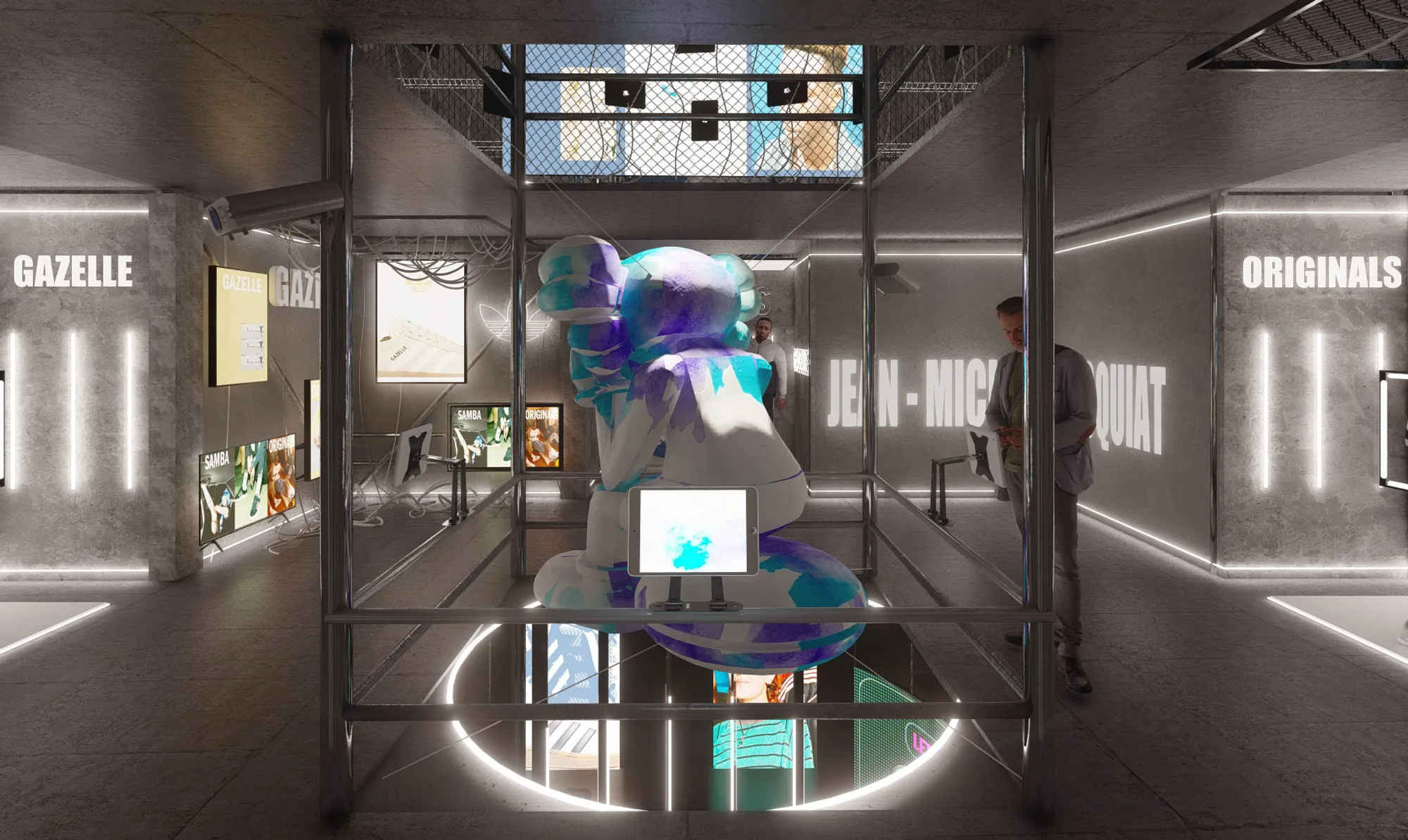 Render of the interior: a mirrored hall with a sneaker on a plinth