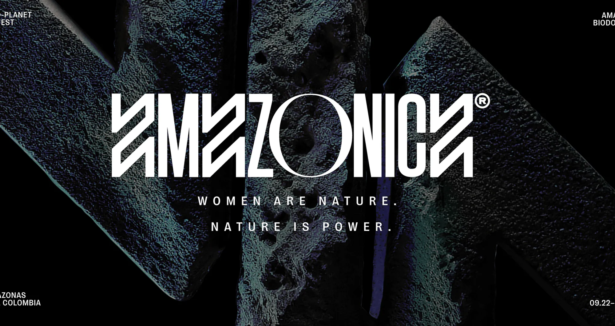 Amazonica logotype on dark stone: Women are nature, nature is power