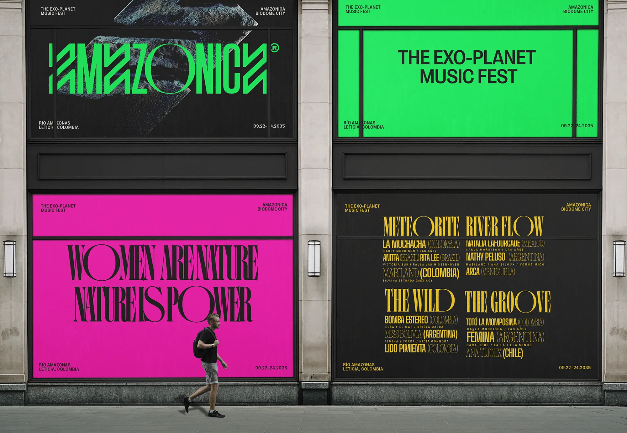 Amazonica posters in pink and green at a street bus shelter