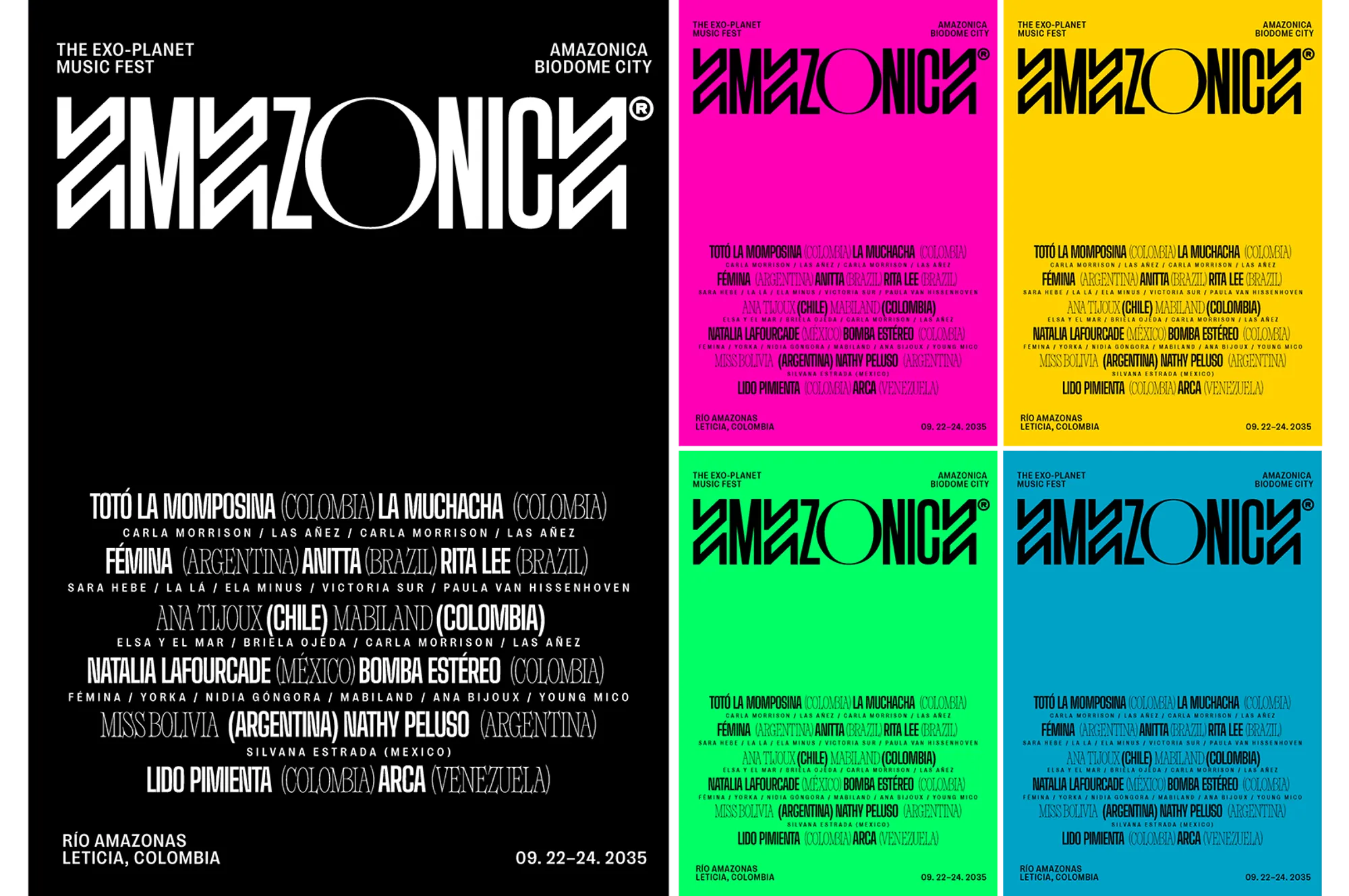 Line-up poster system in black, pink, green, blue and yellow