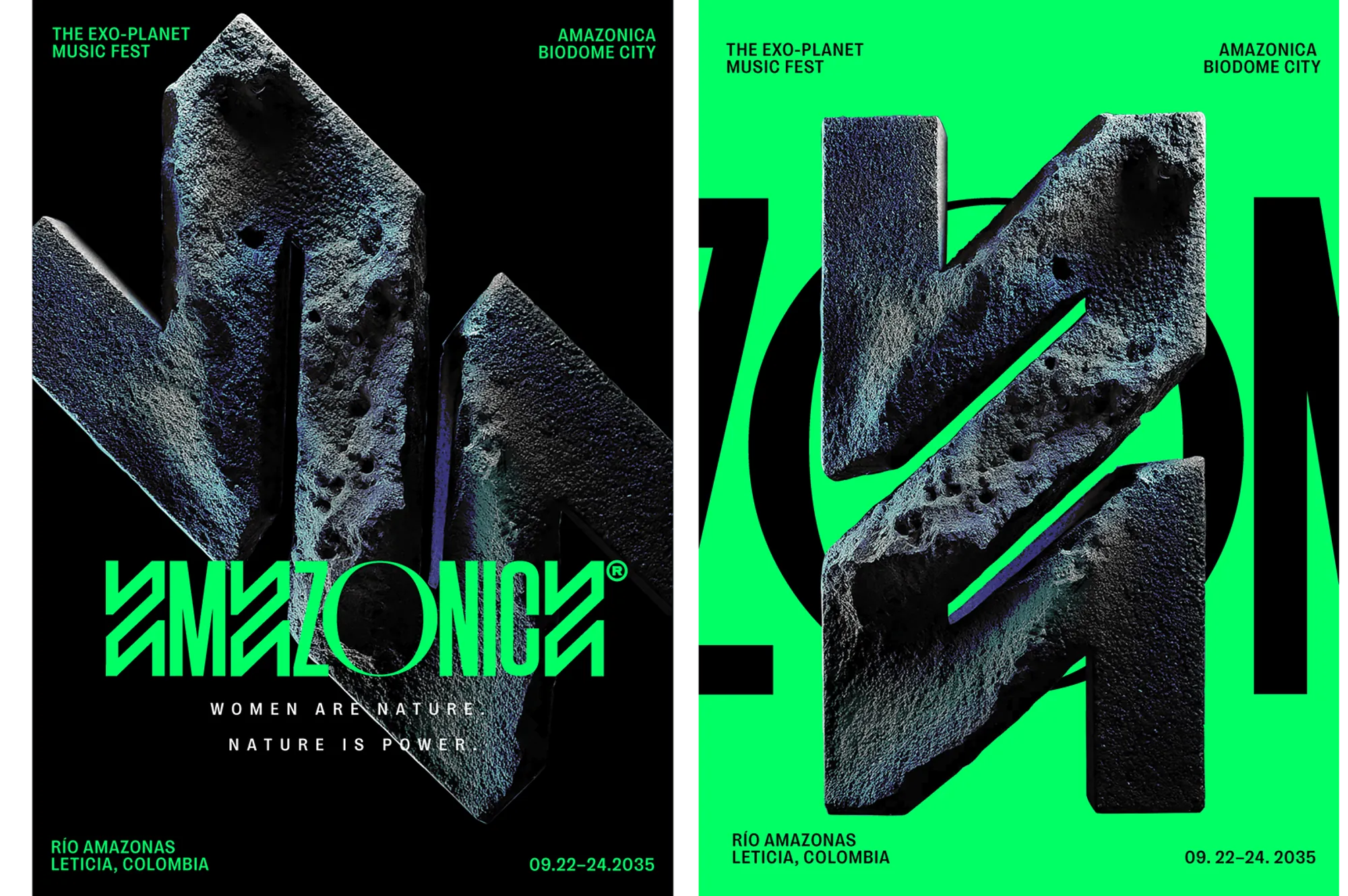 Posters in black and green with a rock sculpture