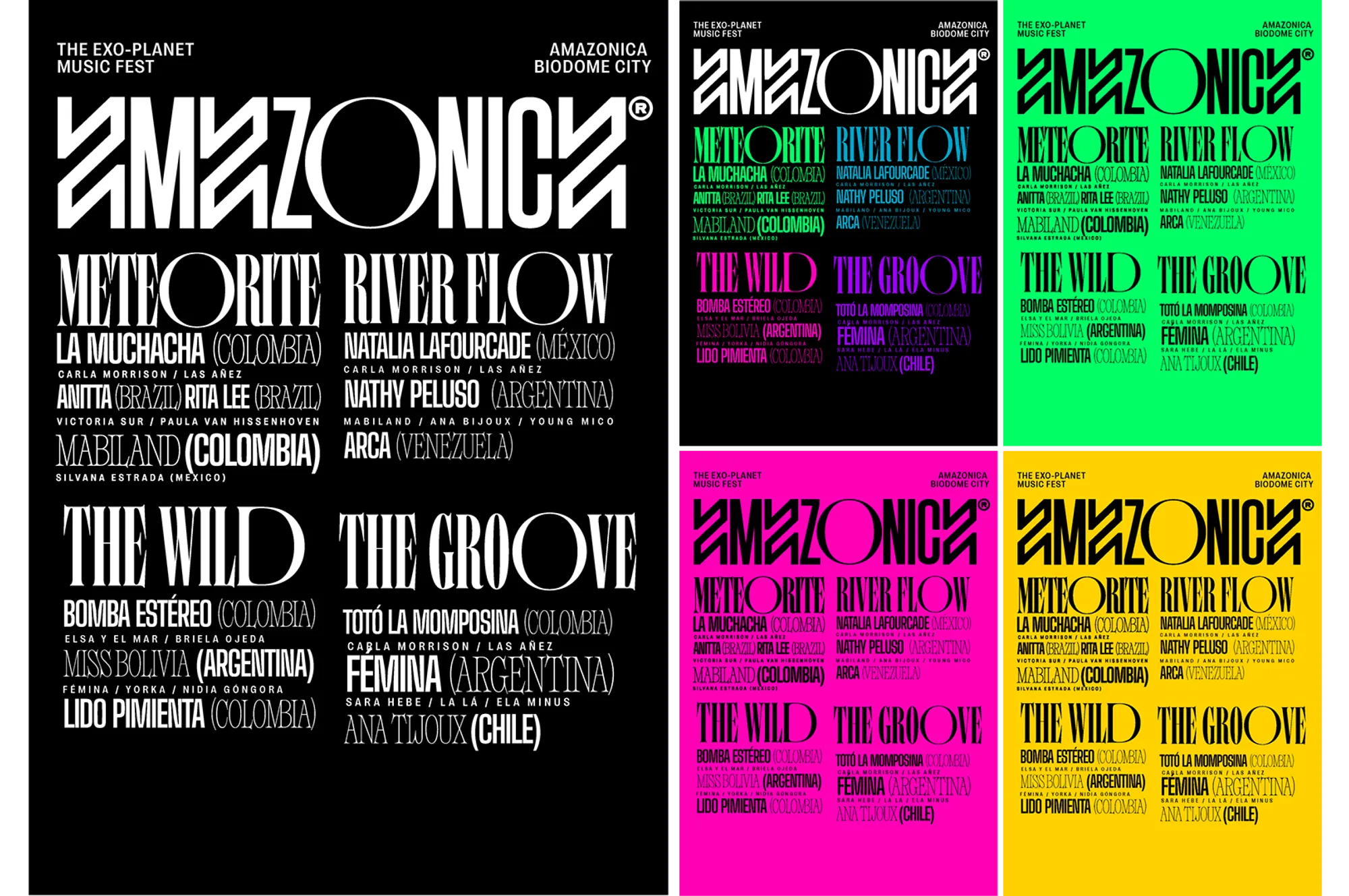 Grid of line-up posters in neon colours