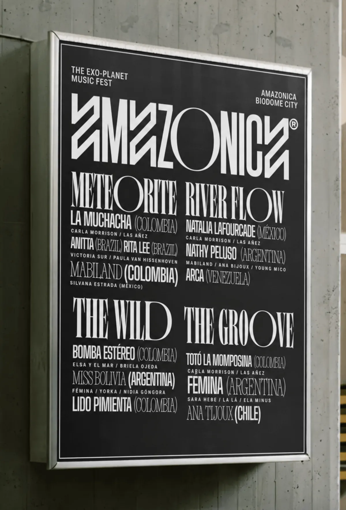 Framed line-up poster on a wall