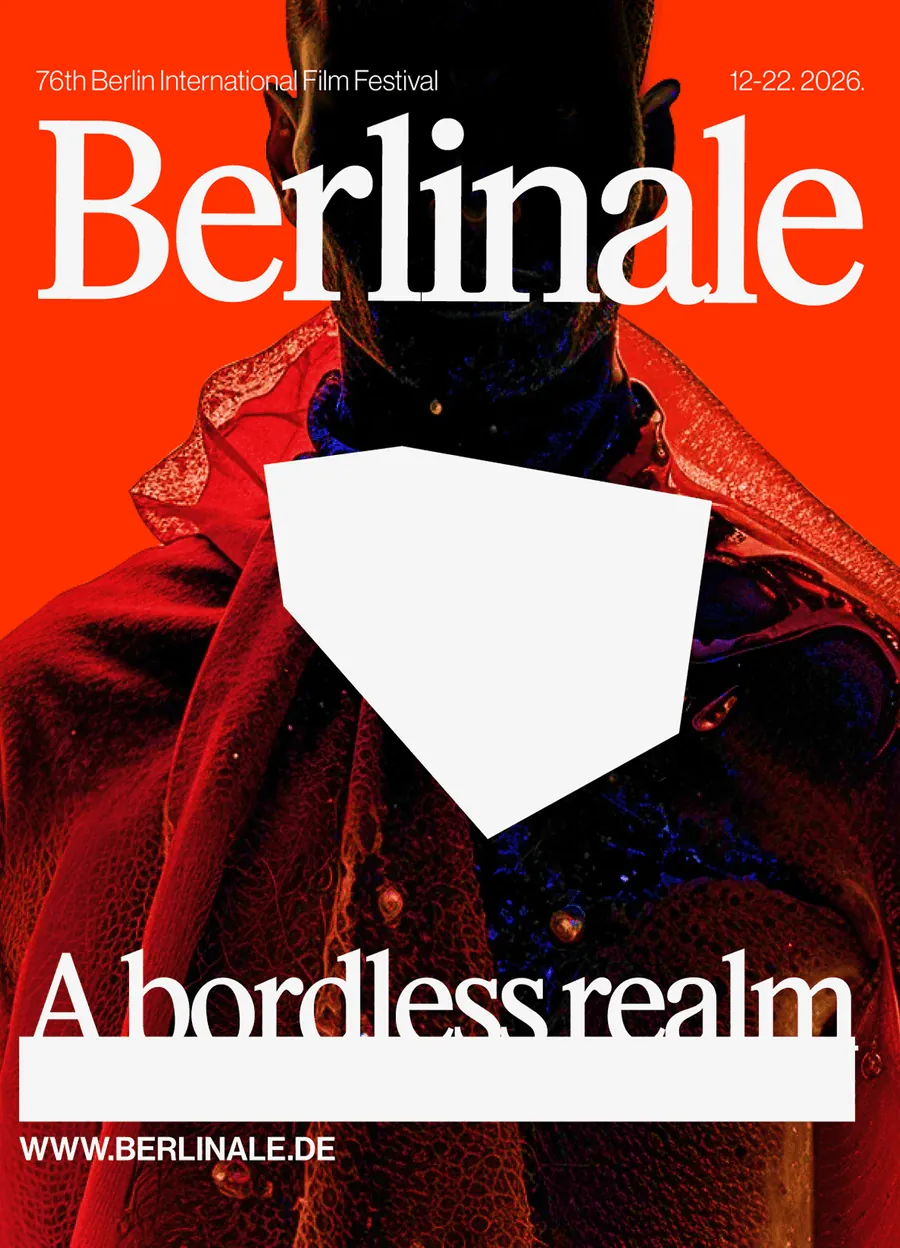 Poster in red with a white shape: A borderless realm