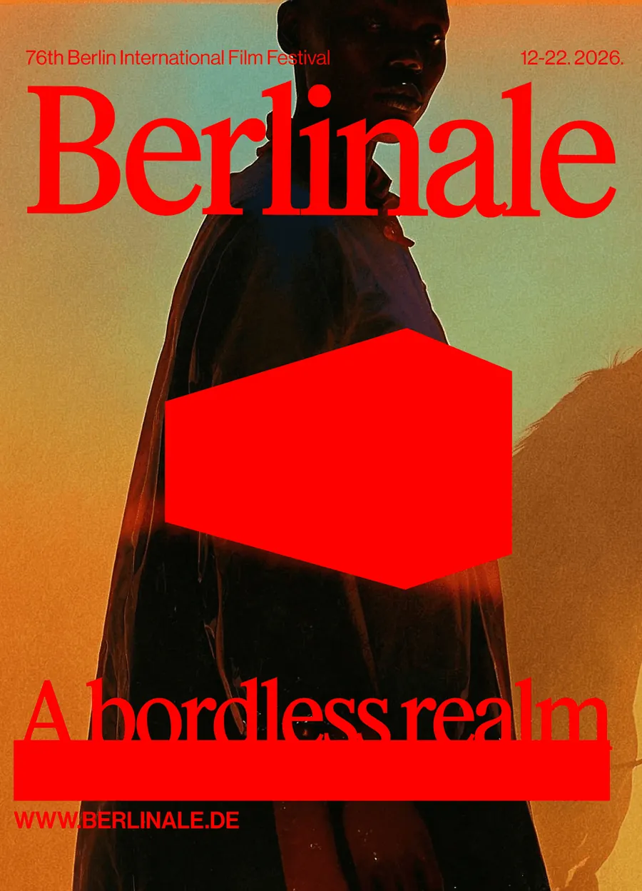 Poster with a red shape over a figure in a coat