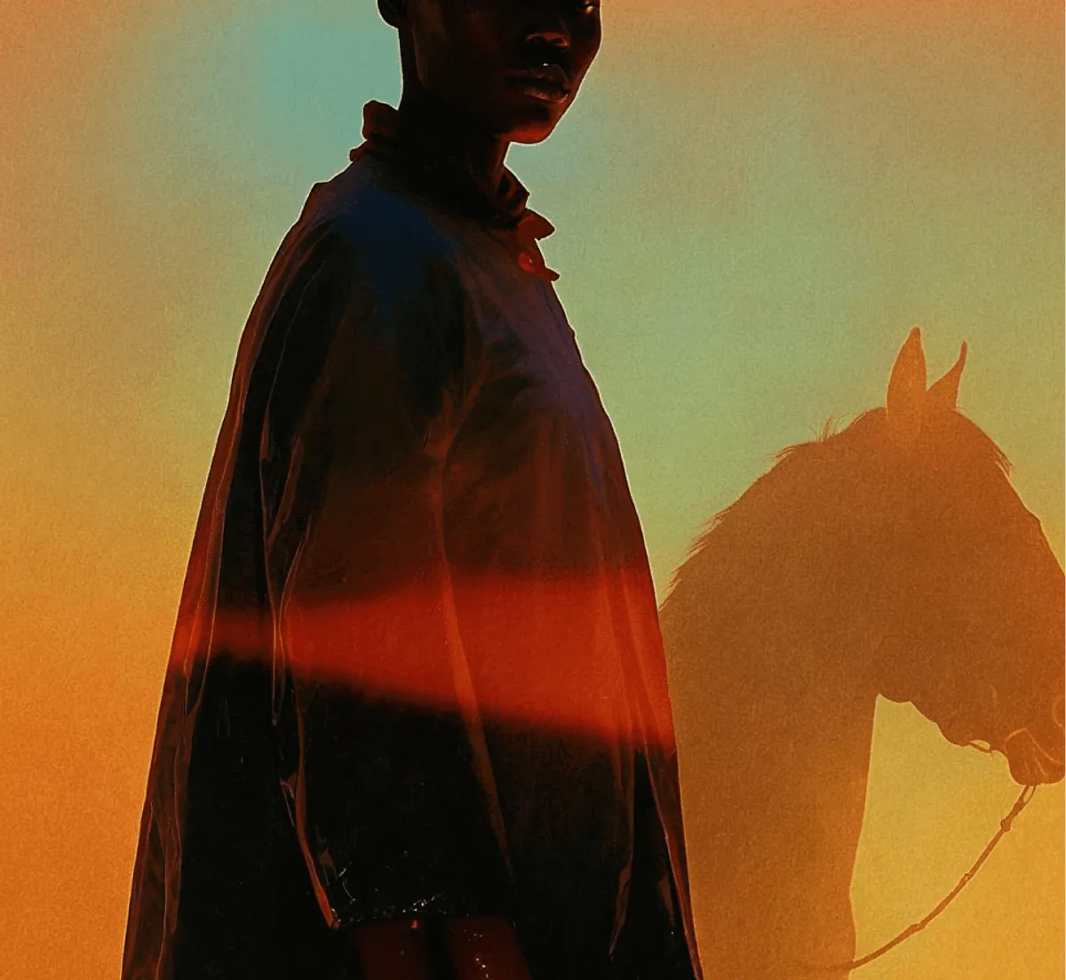 A figure and a horse silhouetted in orange light