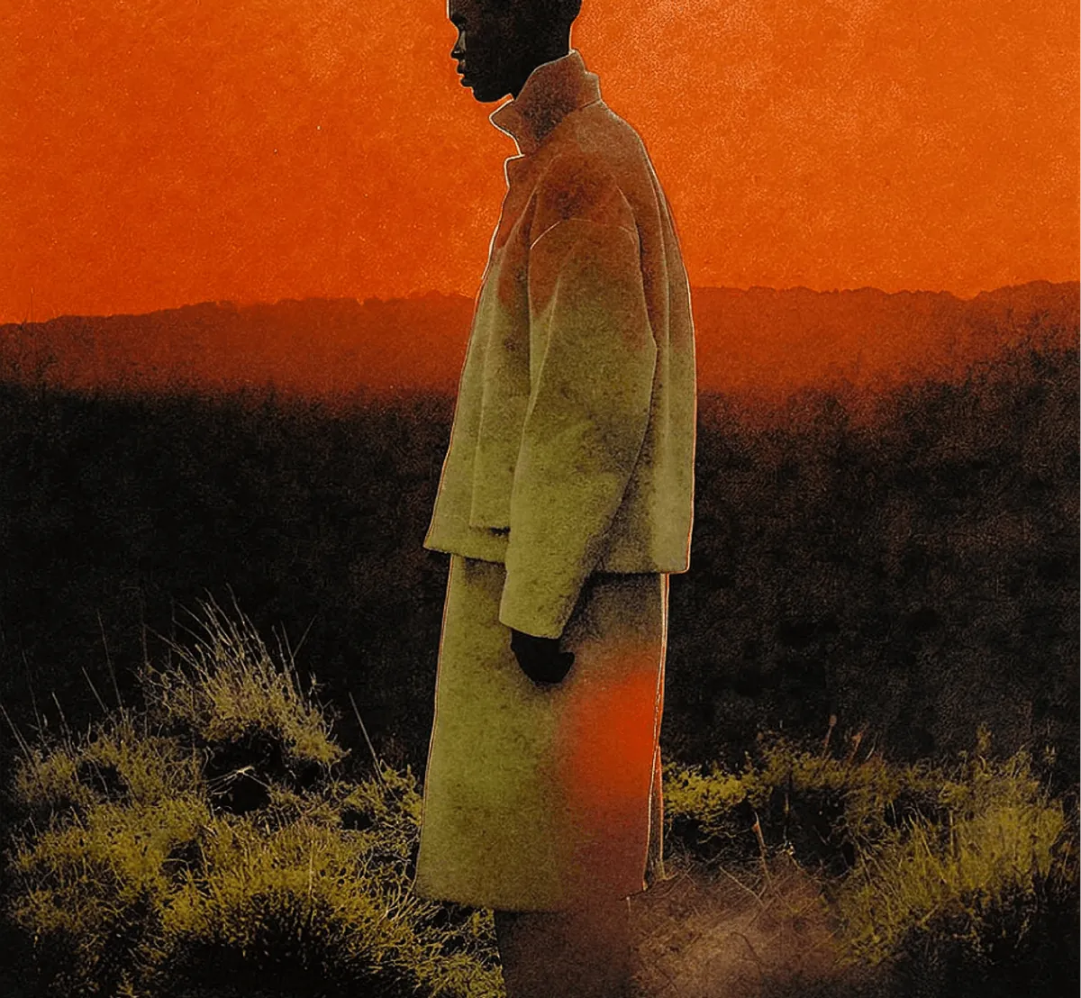 A figure in a long coat in an orange landscape