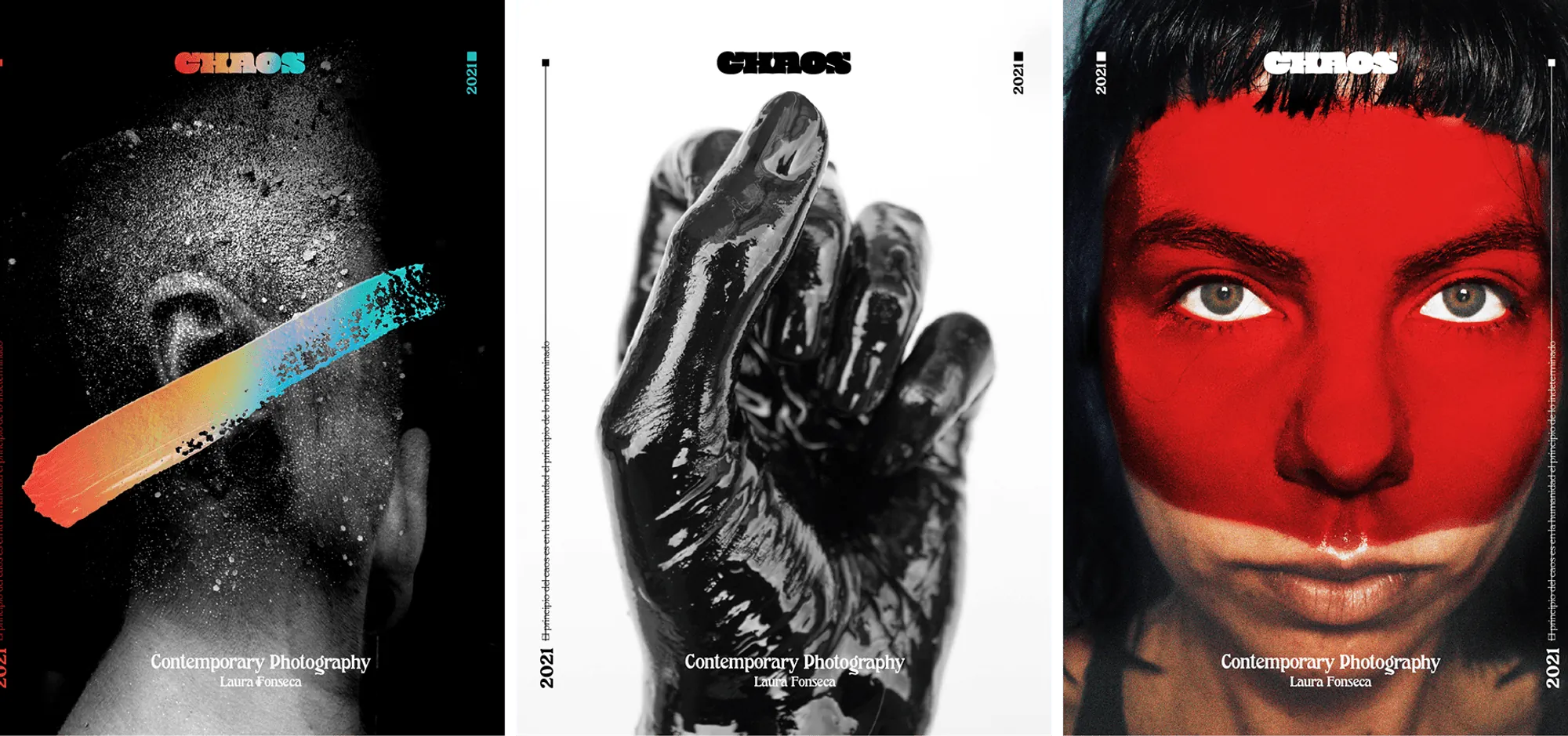 Three CHAOS covers: a painted face, a black glove, a red mask