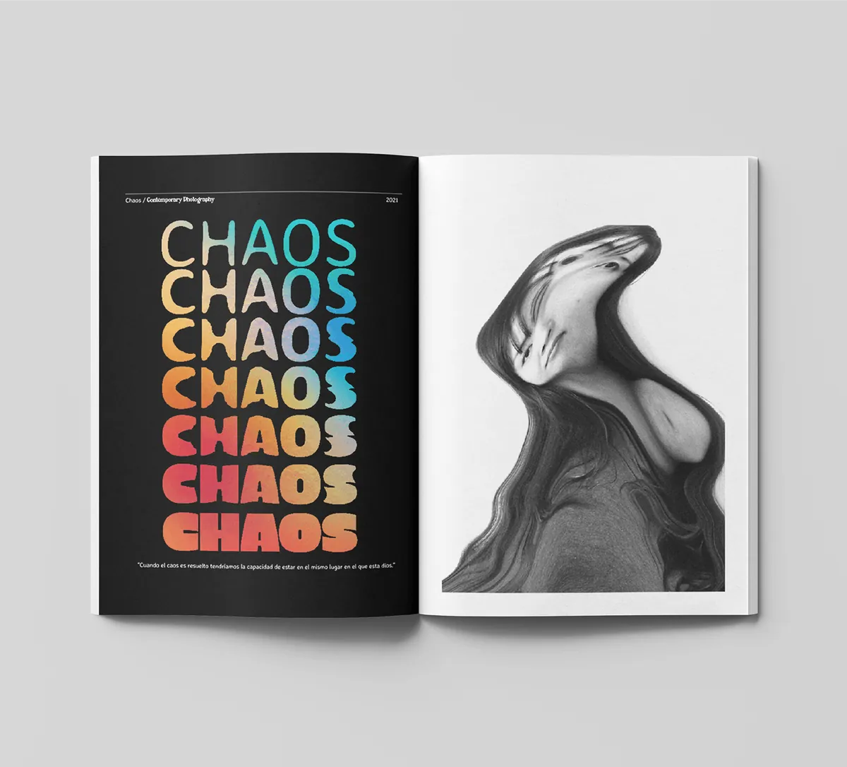 Spread with stacked CHAOS type and a black and white figure