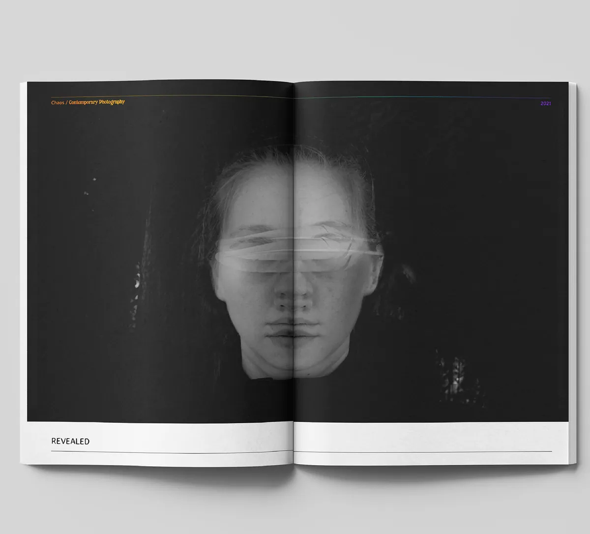 Spread with a double-exposed portrait