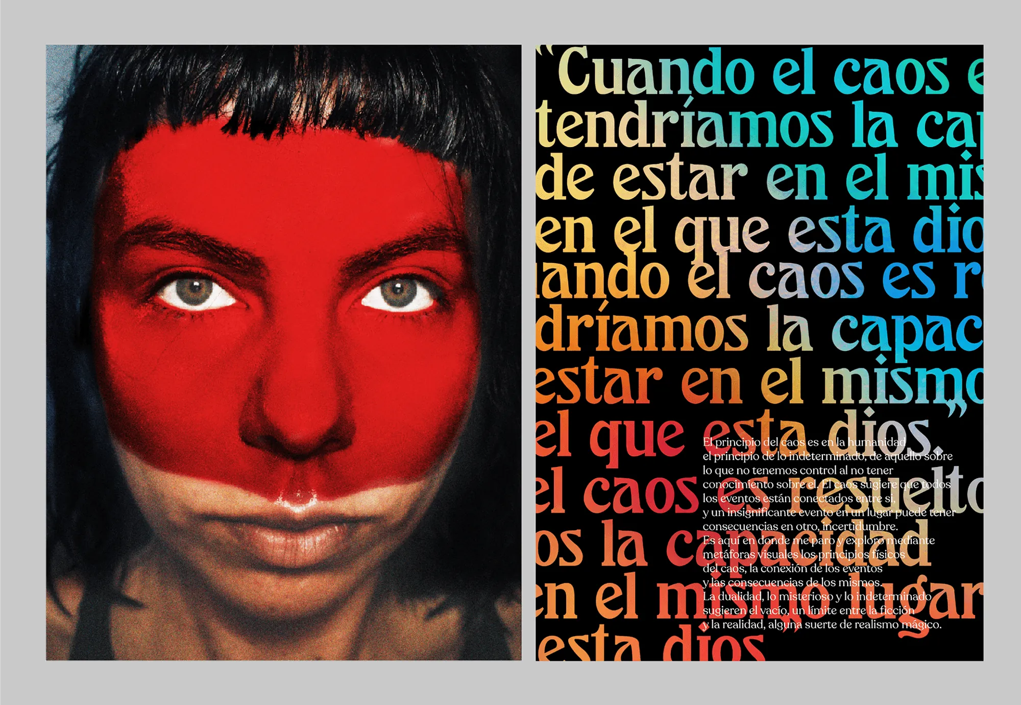 Portrait with red face paint beside Spanish text about chaos