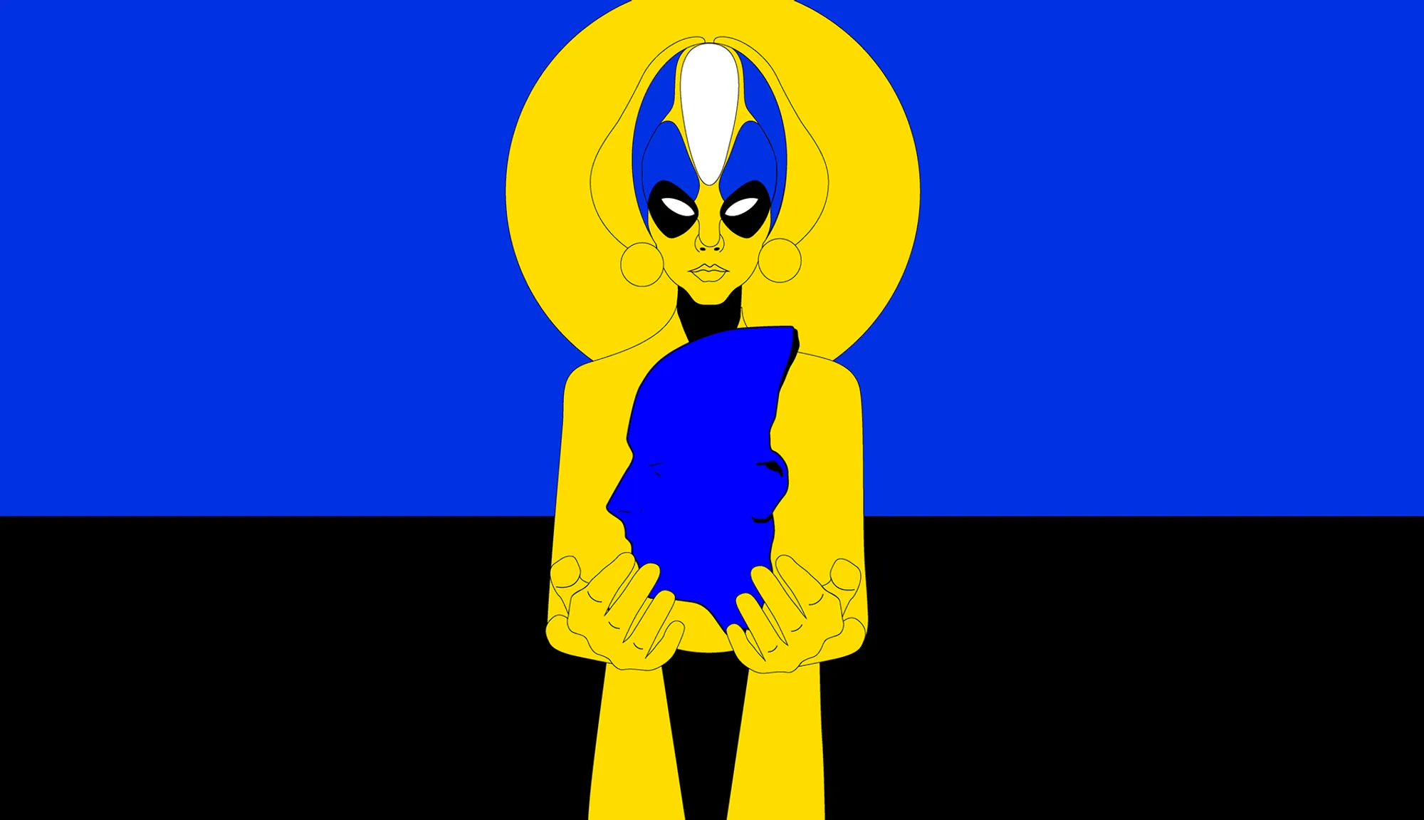 Illustrated figure in a yellow halo holding a blue shape