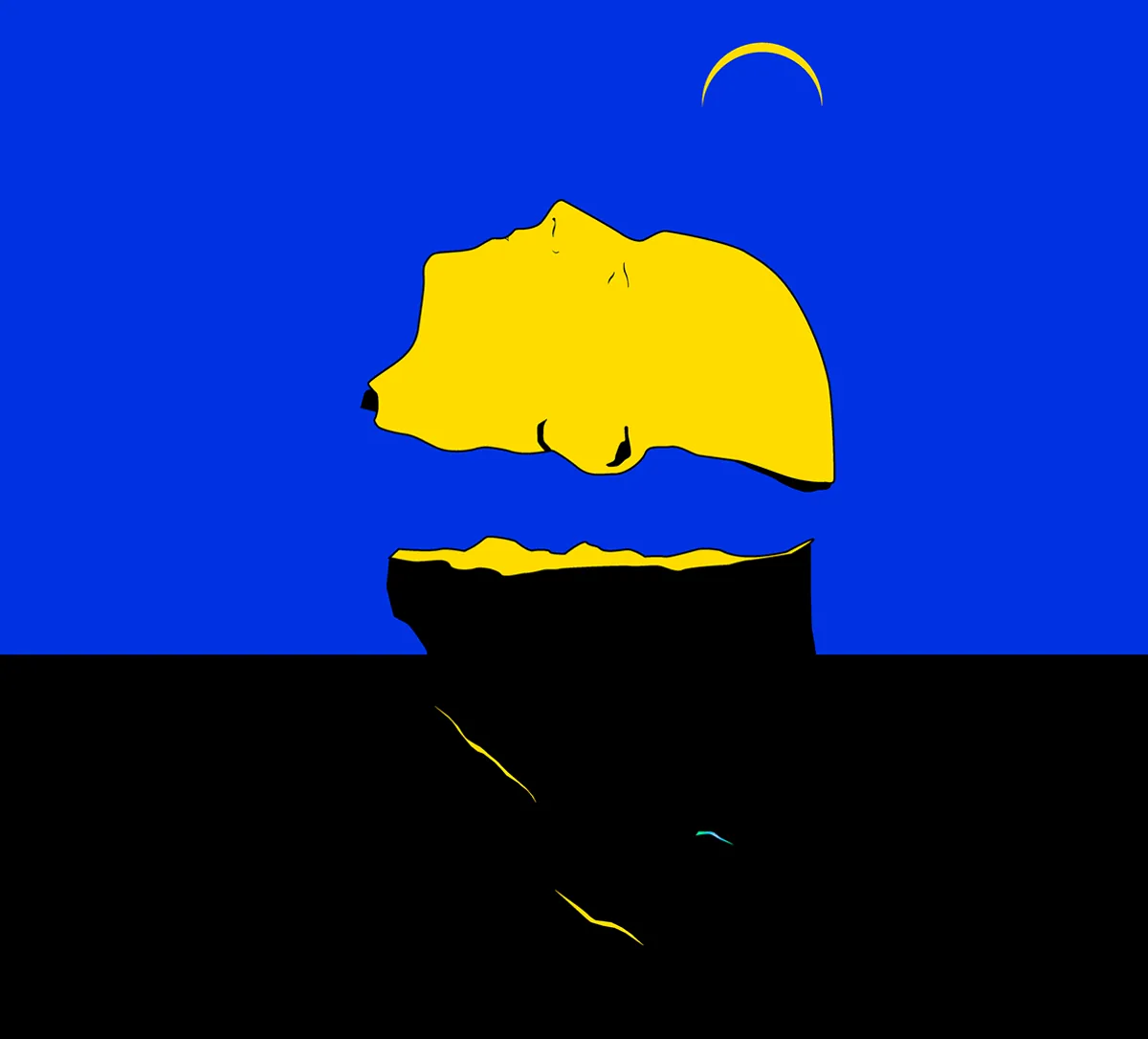 Yellow profile silhouette under a crescent moon