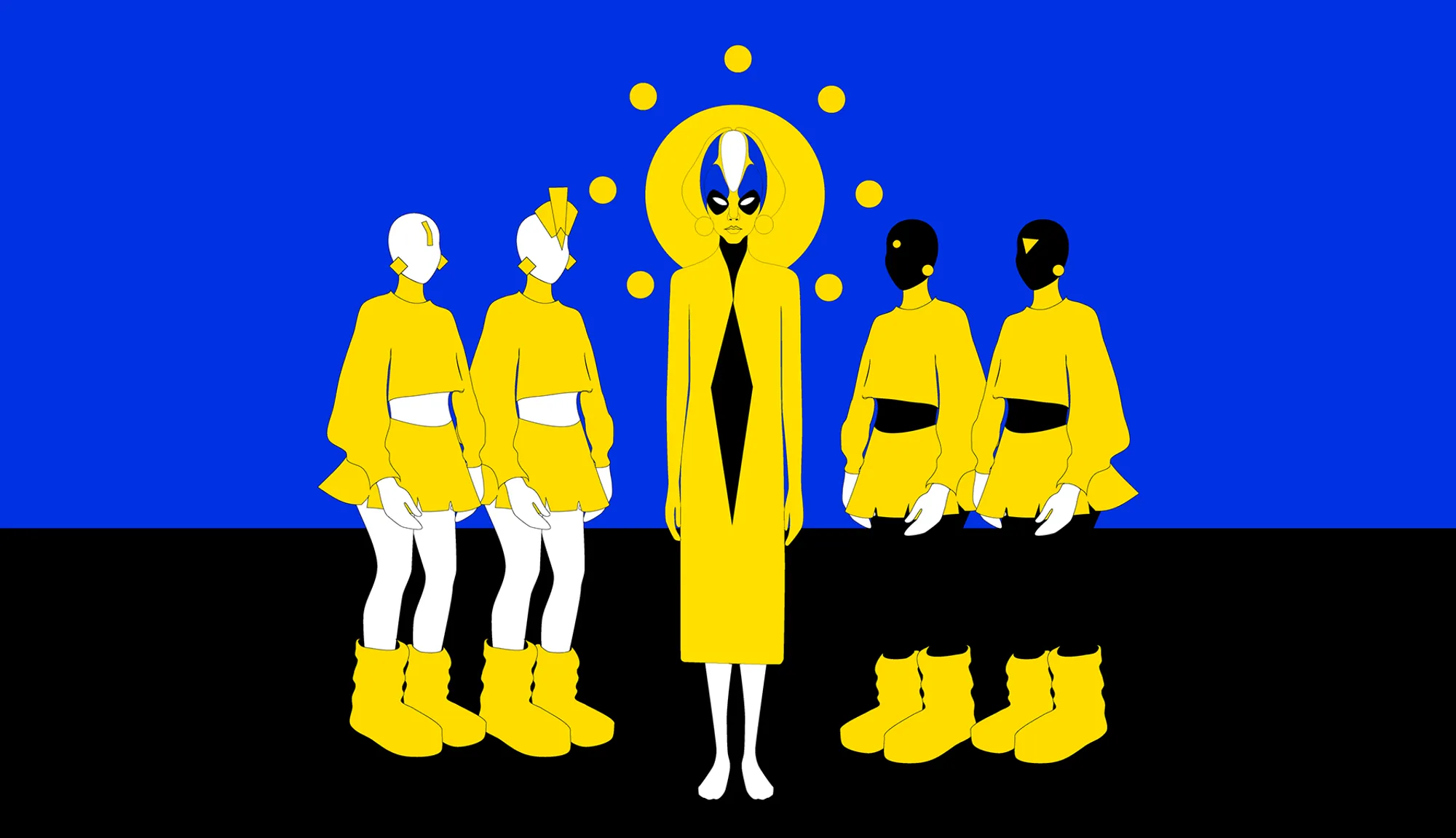 A troop of women in yellow around a central figure