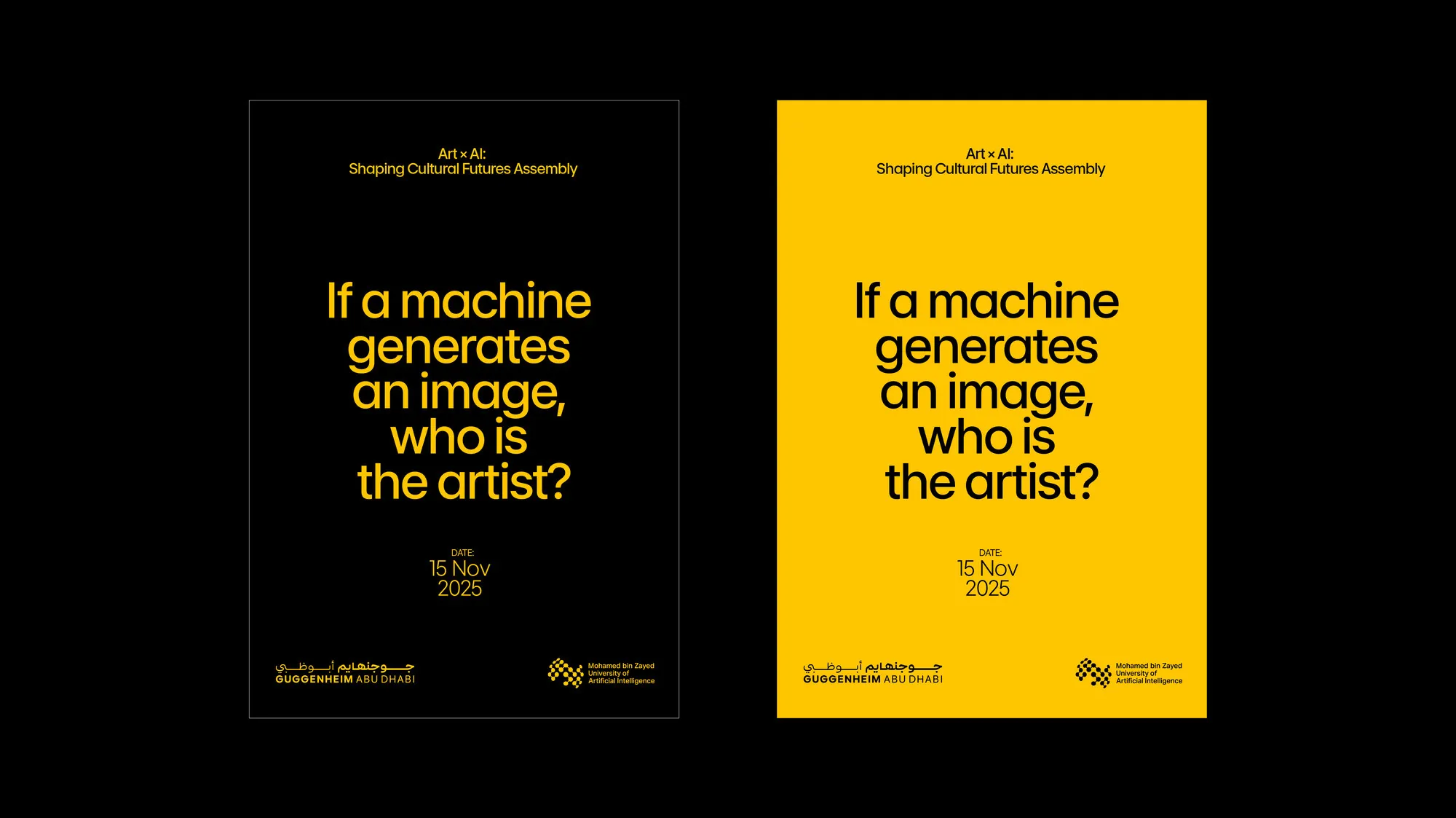 Two yellow posters asking: if a machine generates an image, who is the artist?