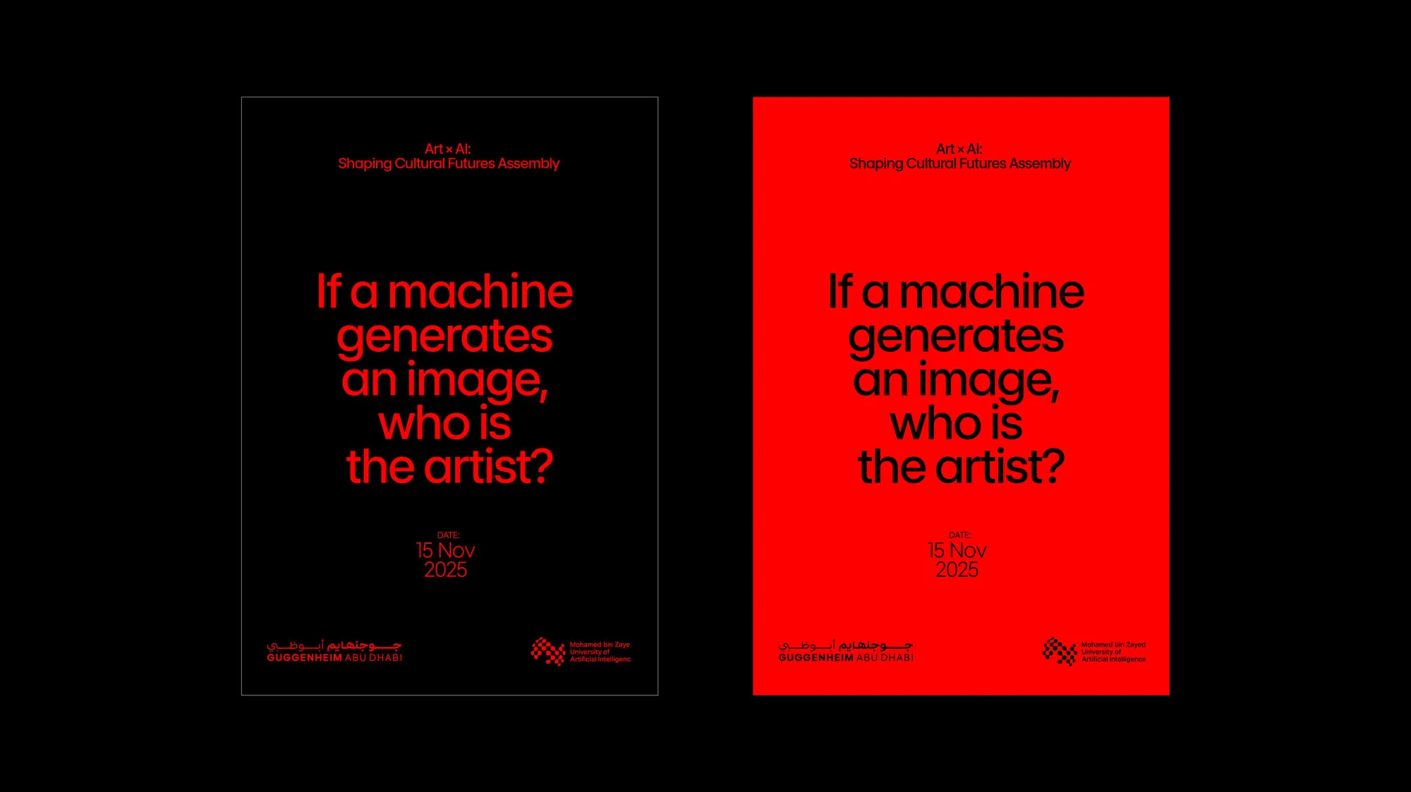 Two red posters asking: who is the artist?