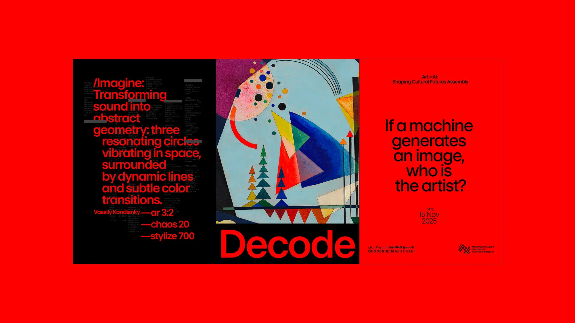 Red poster pairing a prompt with a colourful abstract image