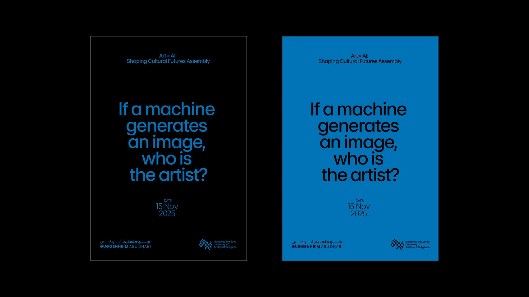 Two blue posters asking: who is the artist?
