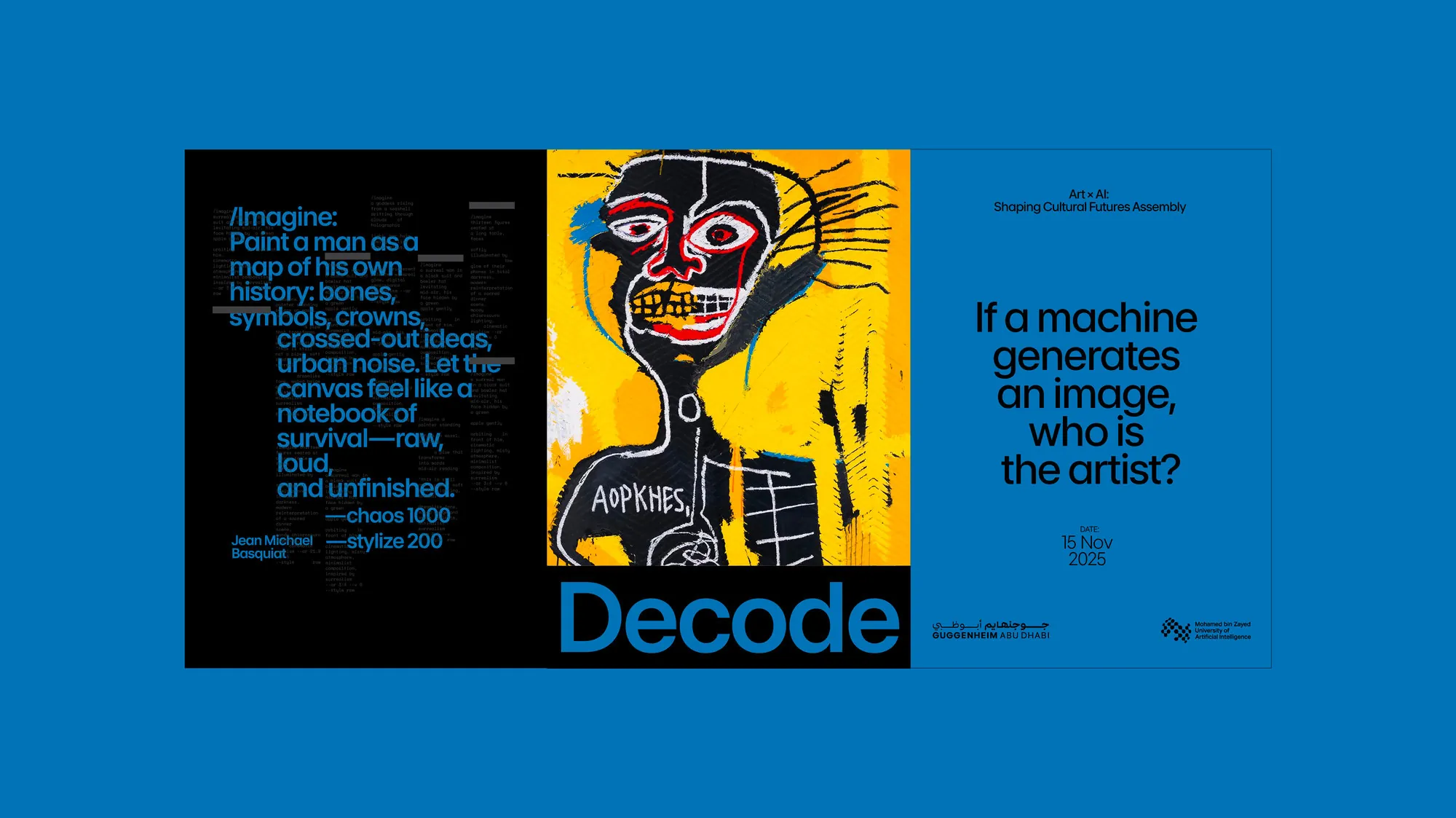 Blue poster pairing a prompt with an expressive painted portrait