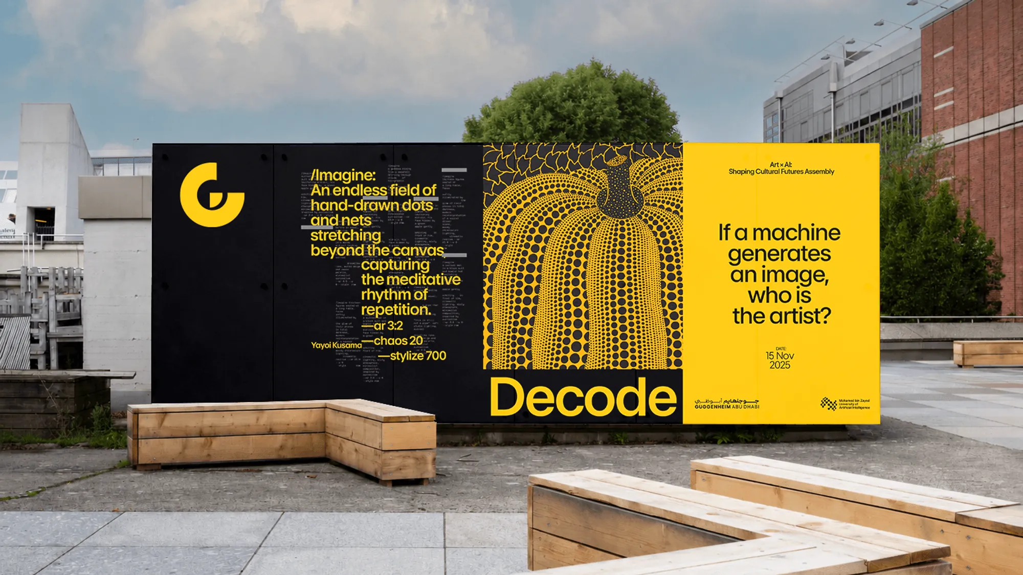 Outdoor installation of Decode posters in a plaza