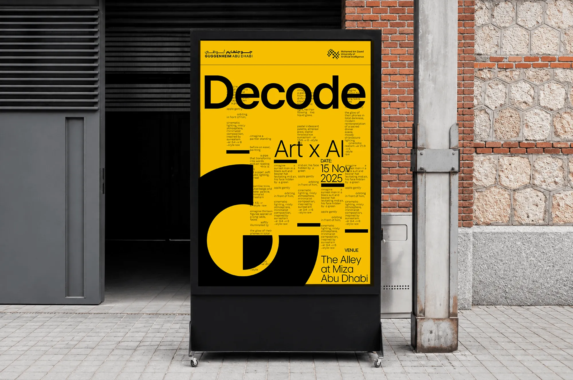 Decode poster on a stand in the street
