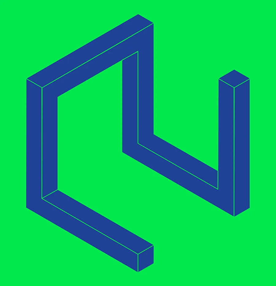Impossible cube drawing in blue on green