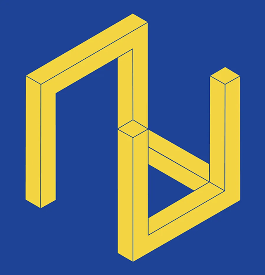 Impossible cube drawing in yellow on blue