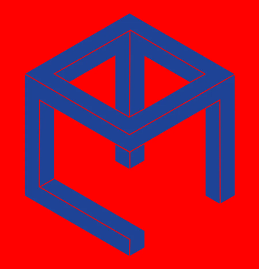Impossible cube drawing in blue on red