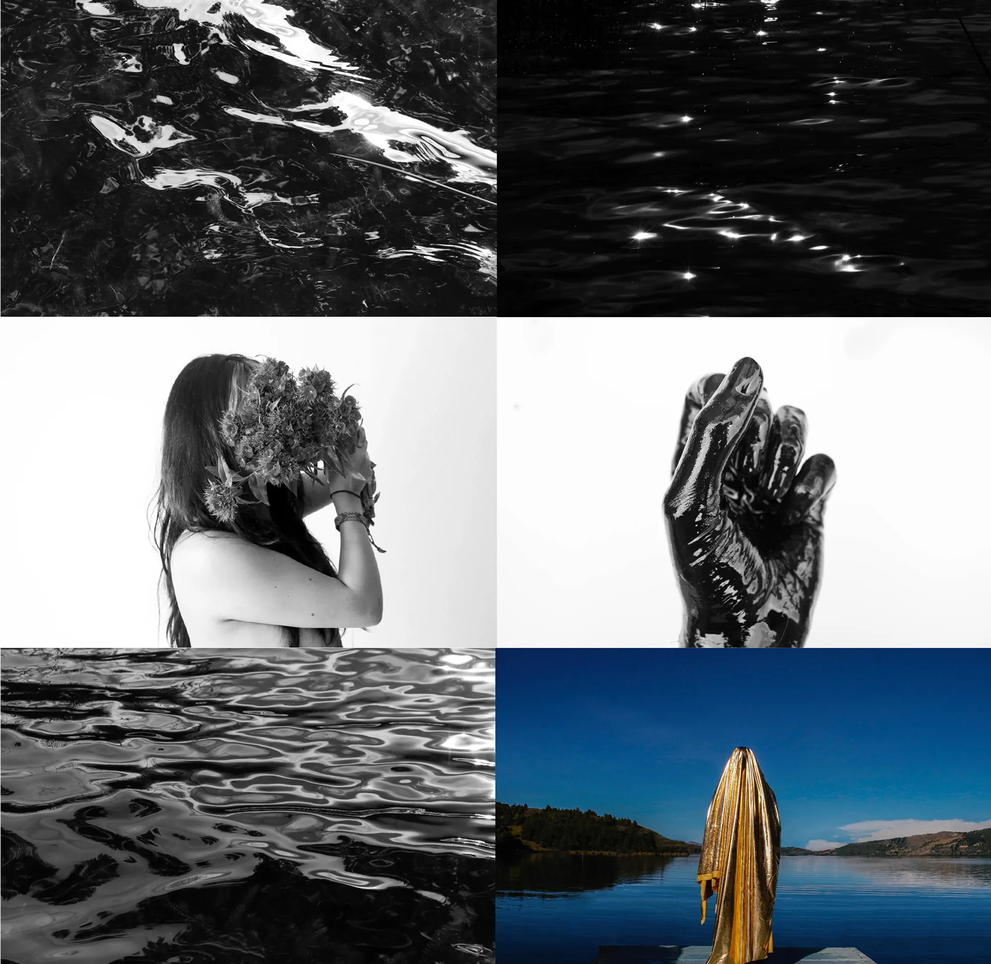Grid of lake textures, hands and the gold-draped figure