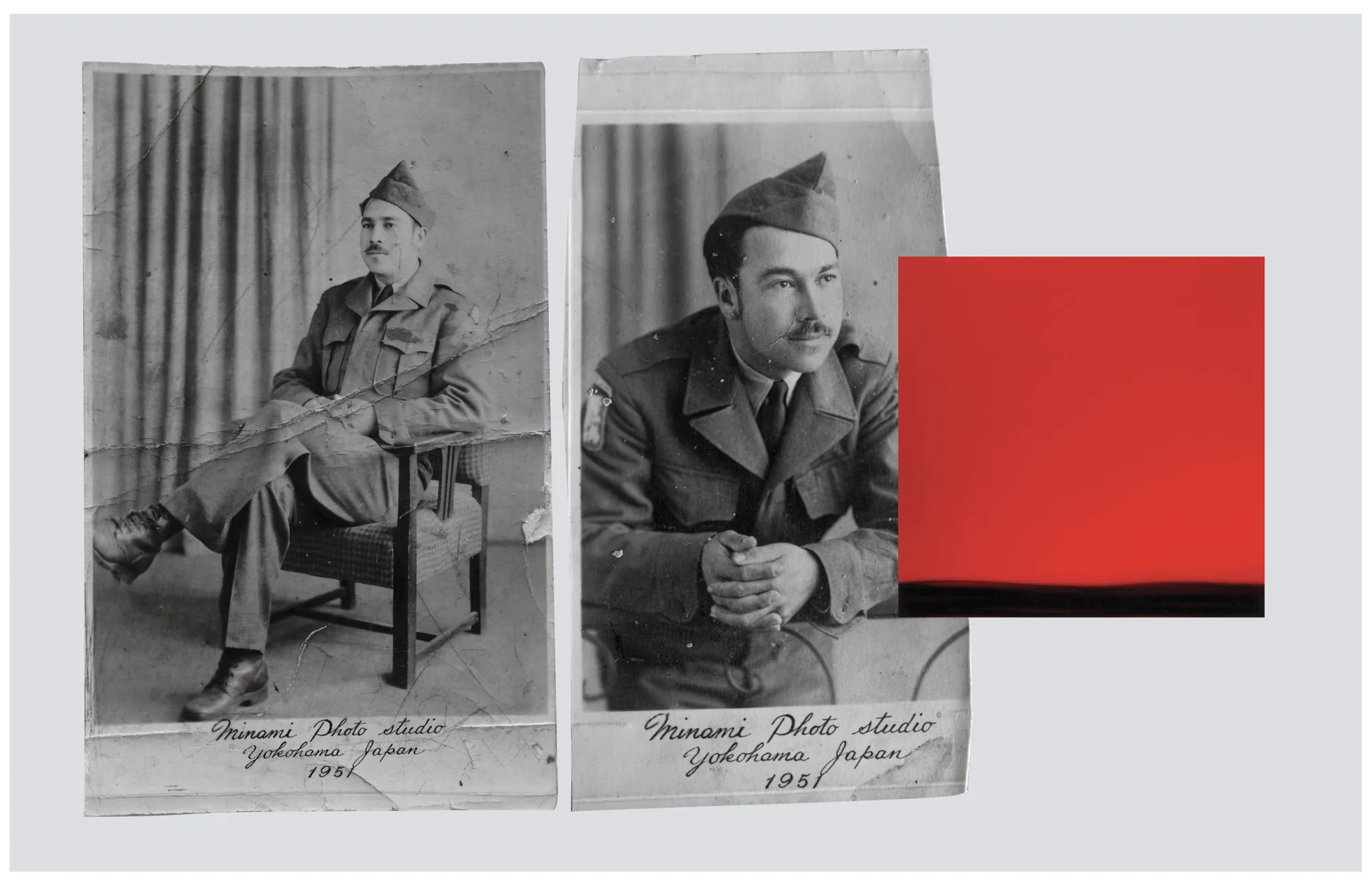 Archival portraits of a Colombian soldier beside a red square