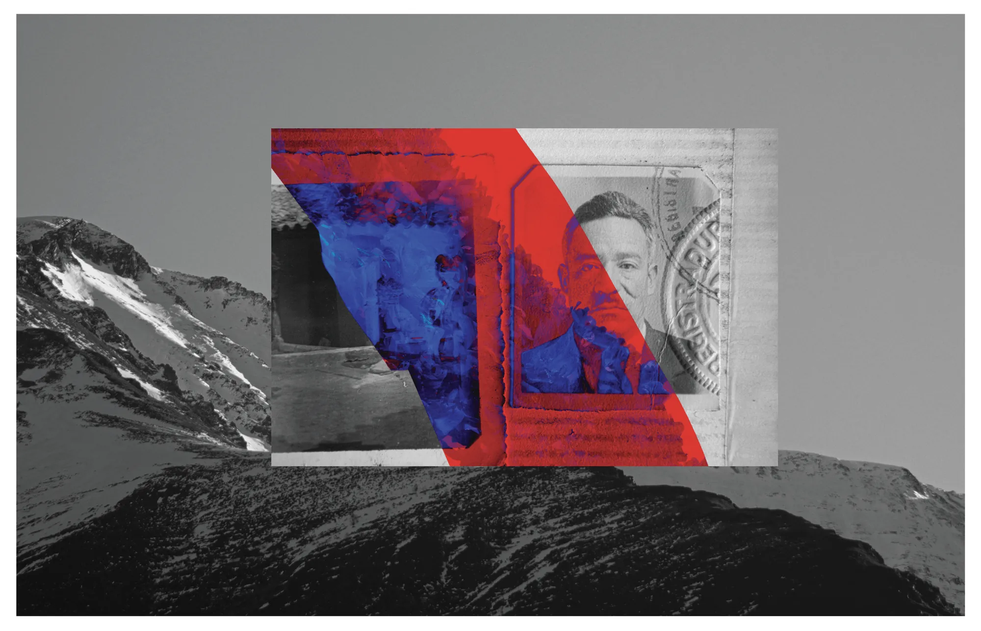 Mountain range collage with red and blue overlays and an archival portrait
