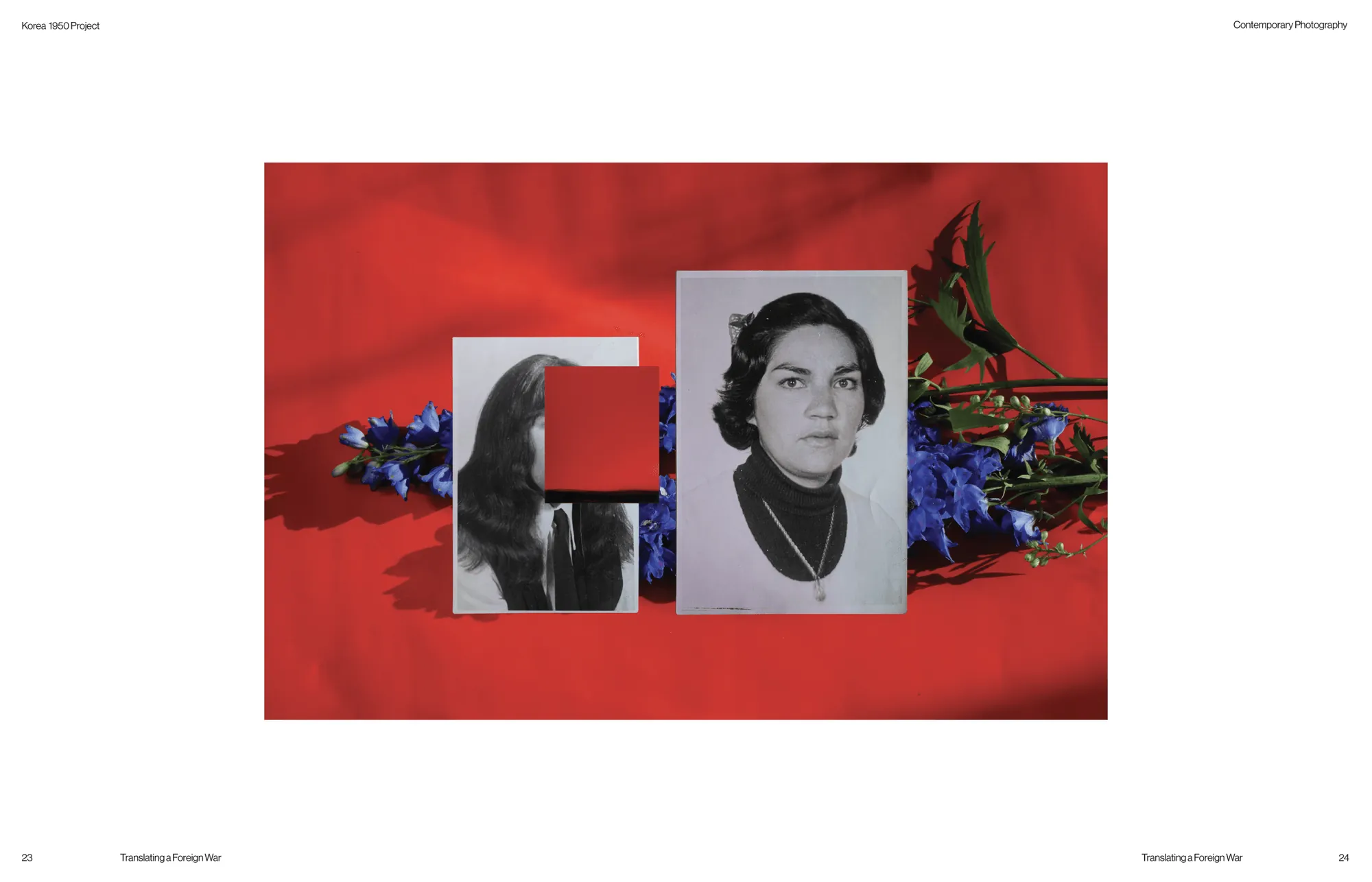 Catalogue spread with archival portraits on a red field