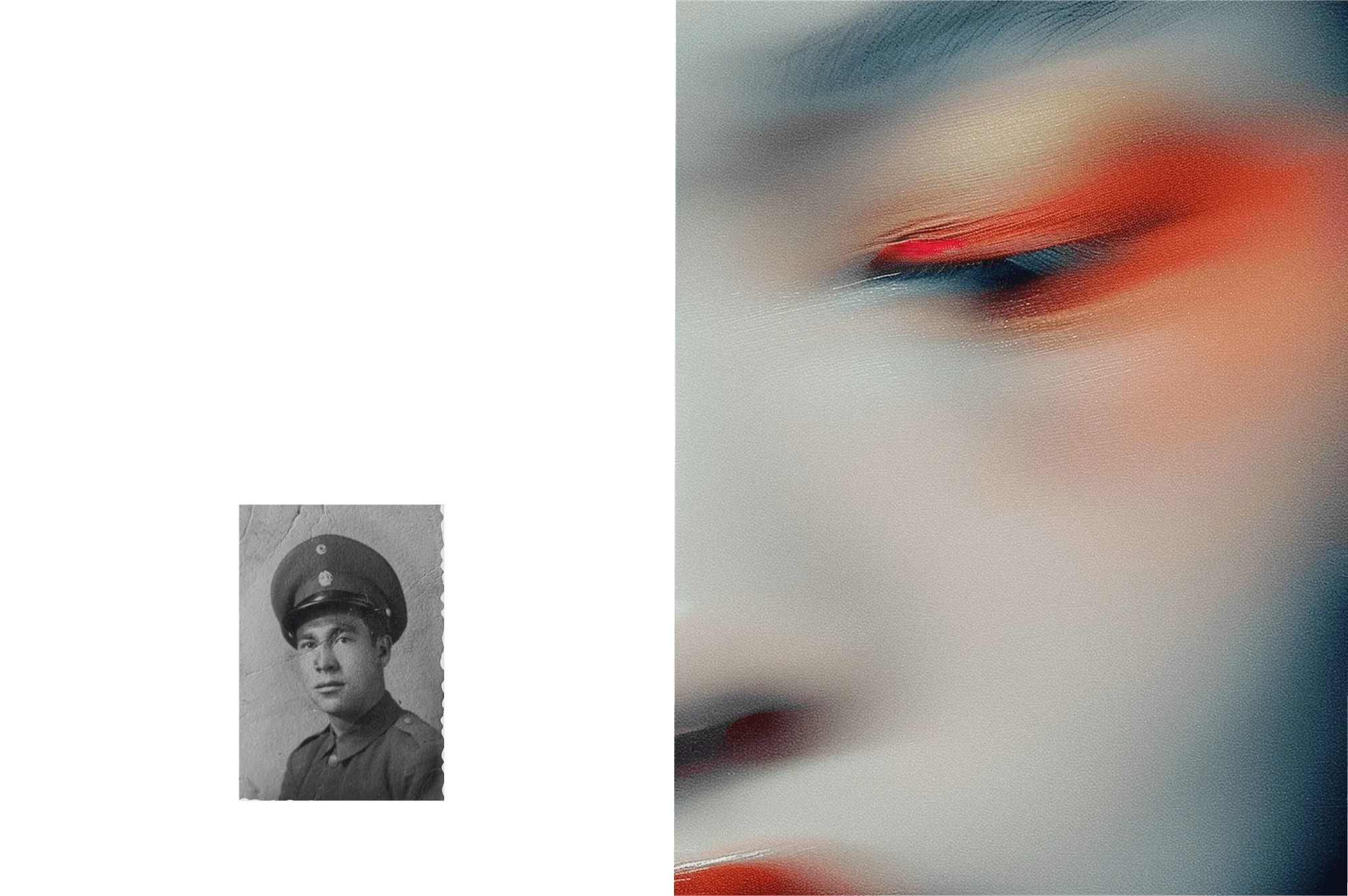 Archival soldier portrait beside a close-up face in red light