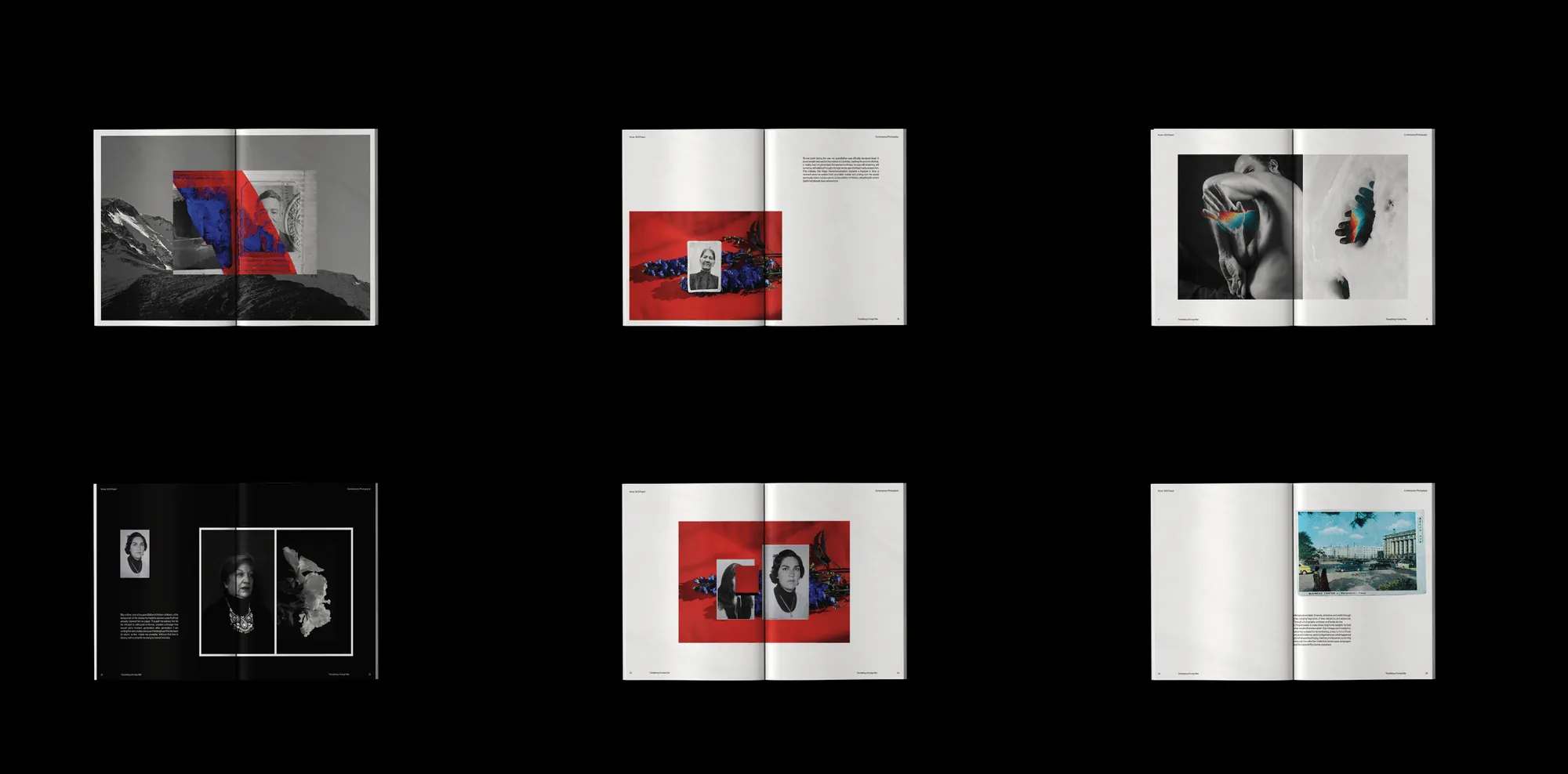 Overview of catalogue spreads on black