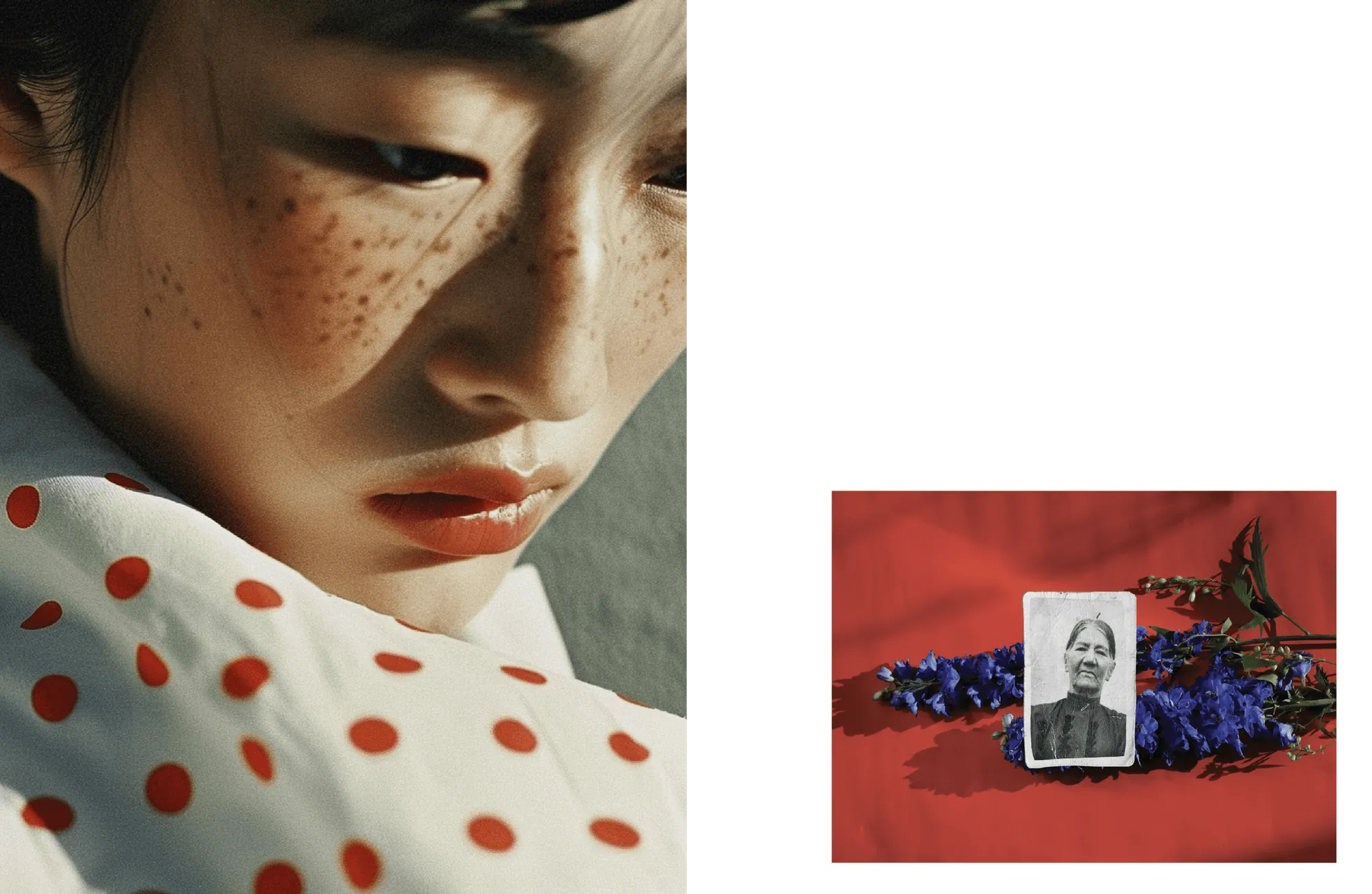 Portrait of a woman in red light beside an archival photograph