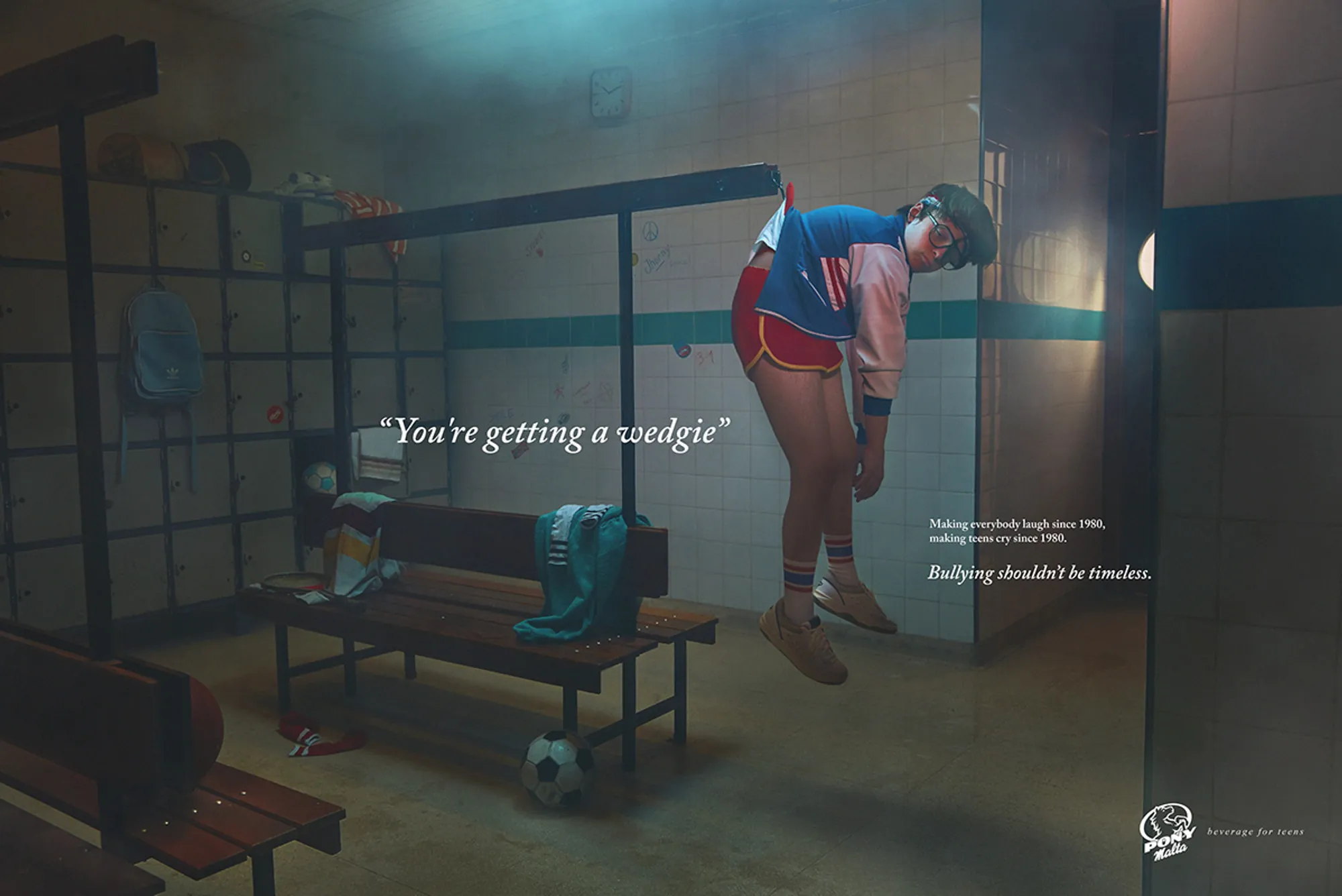 Campaign image: You’re getting a wedgie, staged in a school changing room