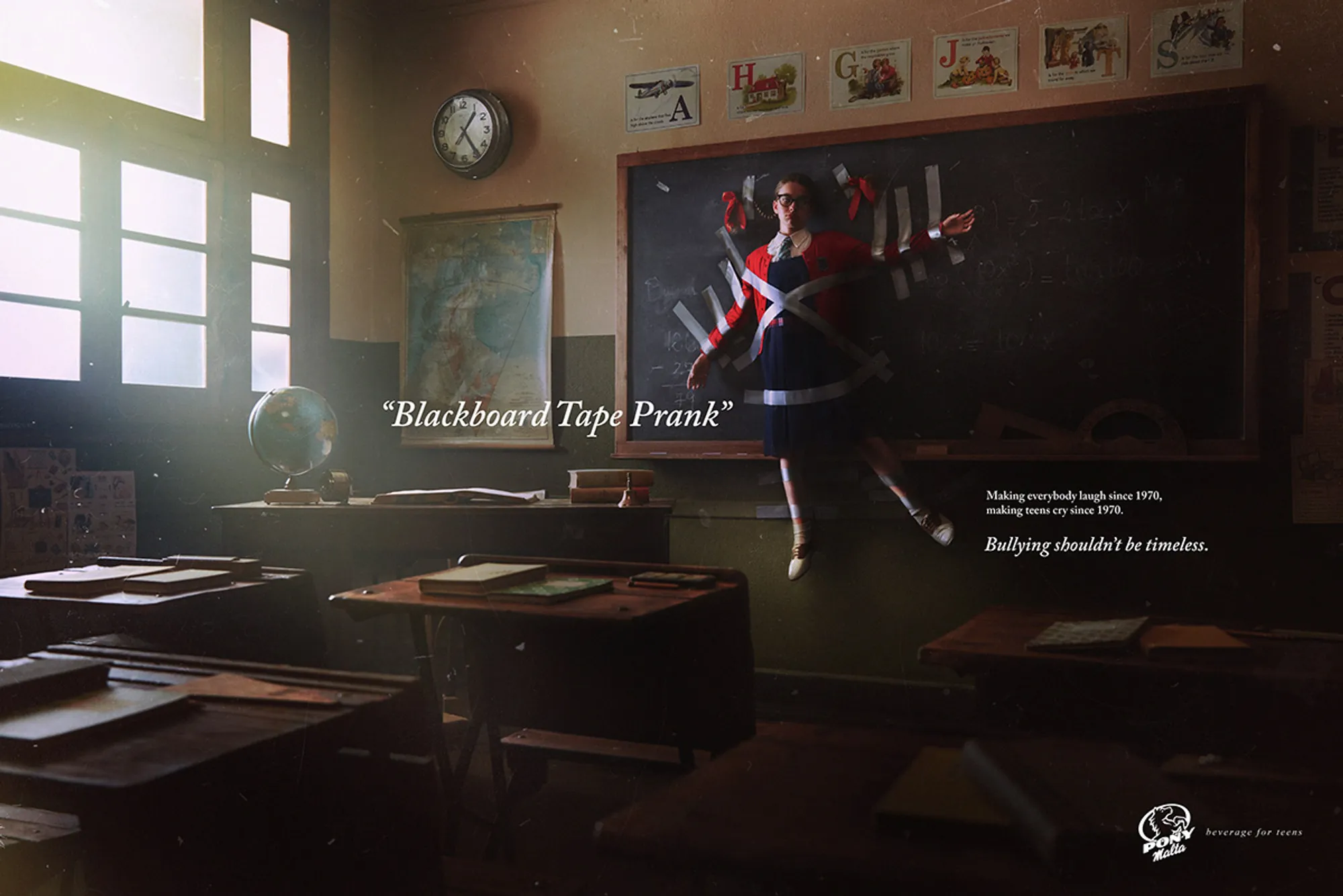 Campaign image: Blackboard tape prank in a classroom
